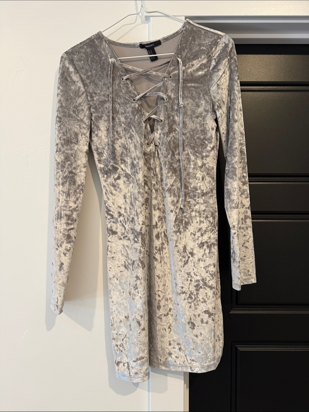 Forever 21 Silver Crushed Velvet Lace-Up Long Sleeve Dress